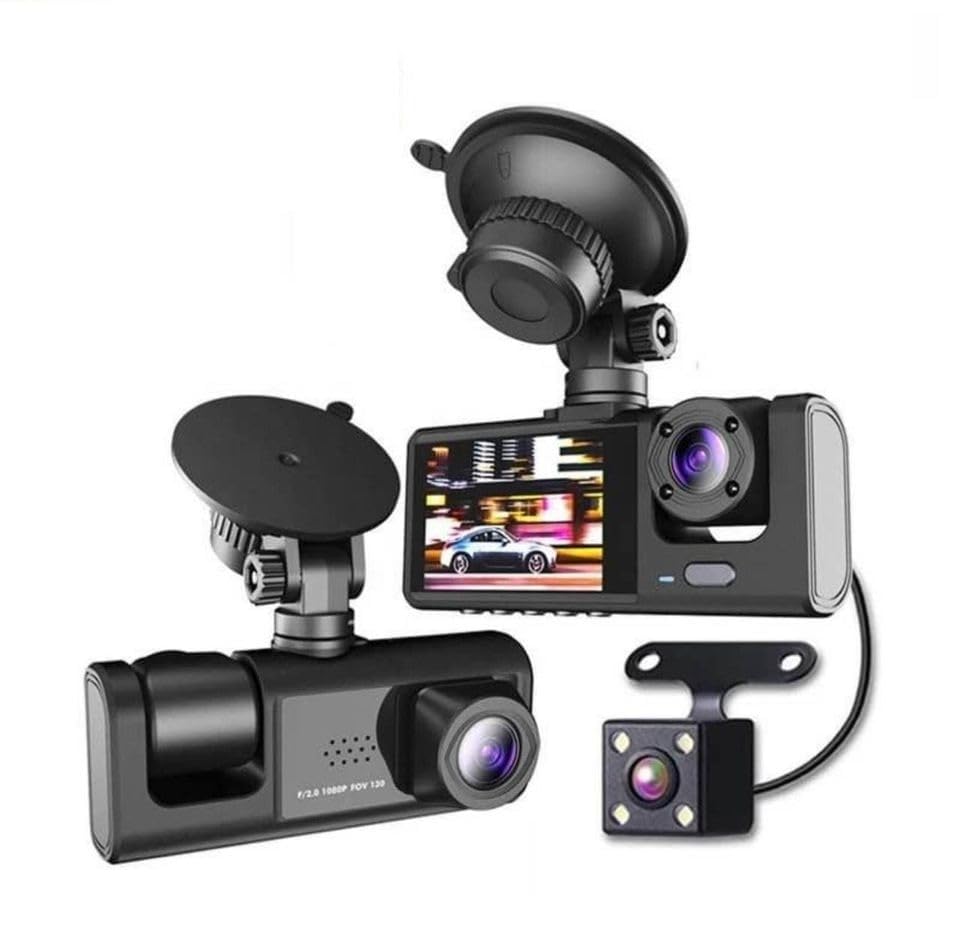 3 Channel Dash Cam with WiFi | Front 1080P + Inside & Rear 720P Cameras | G-Sensor | Loop Recording
