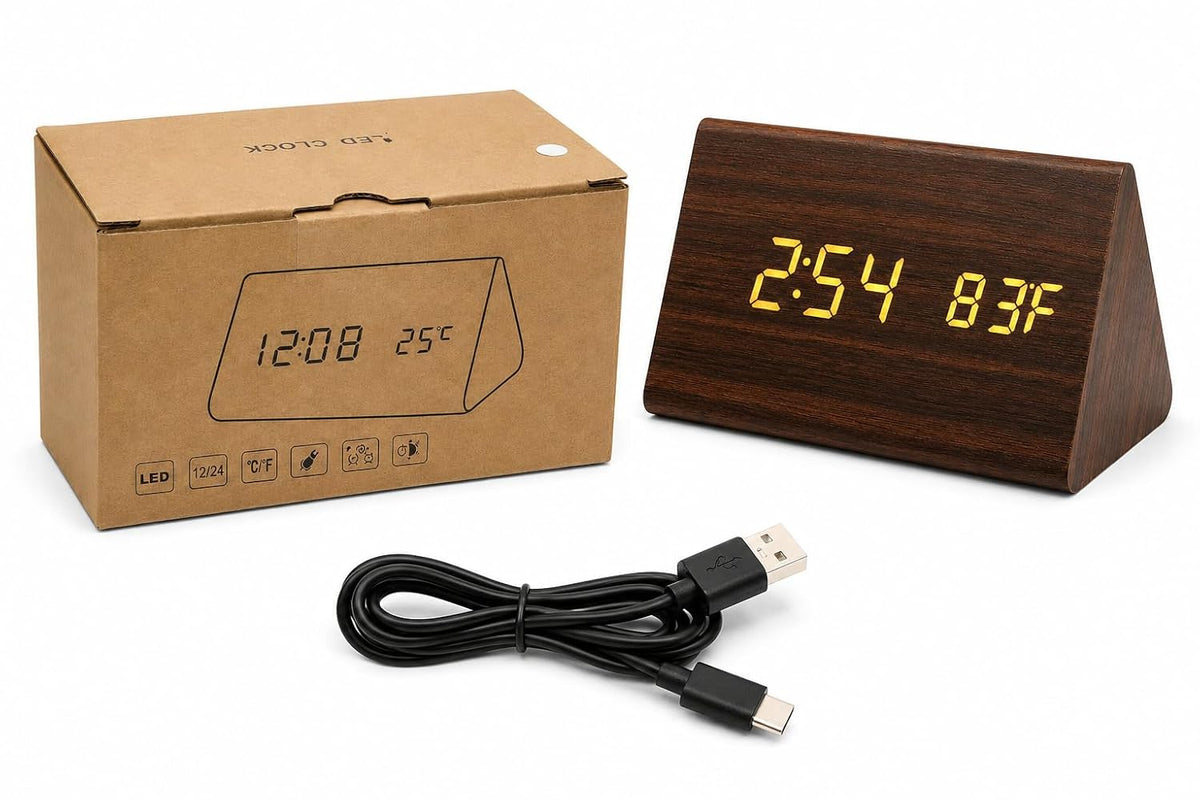 Triangle Digital Alarm Clock | Wooden LED Display | 3 Alarm Settings | Date & Temperature Display | Bedside Desk Clock