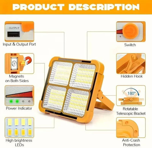 100W LED Solar Rechargeable Work Light | 10000 Lumens Portable Flood Light | 12000mAh Battery