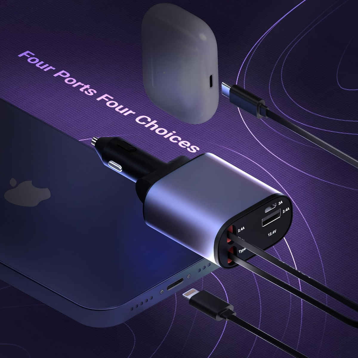 120W 4-in-1 Retractable Car Charger | Fast Car Phone Charger | 2 USB Ports | Multi-Device Compatible