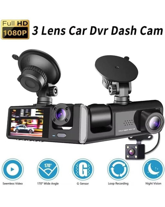 3 Channel Dash Cam with WiFi | Front 1080P + Inside & Rear 720P Cameras | G-Sensor | Loop Recording