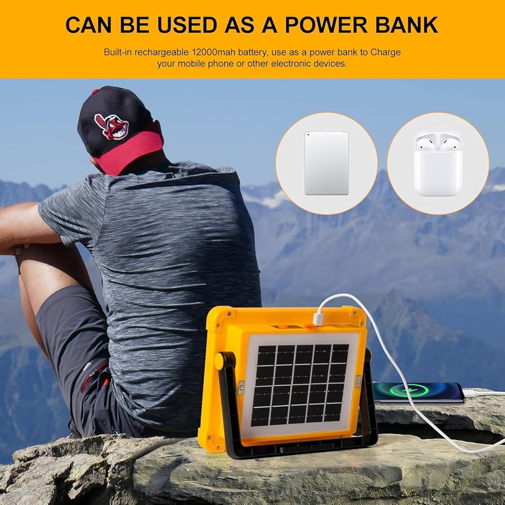 100W LED Solar Rechargeable Work Light | 10000 Lumens Portable Flood Light | 12000mAh Battery