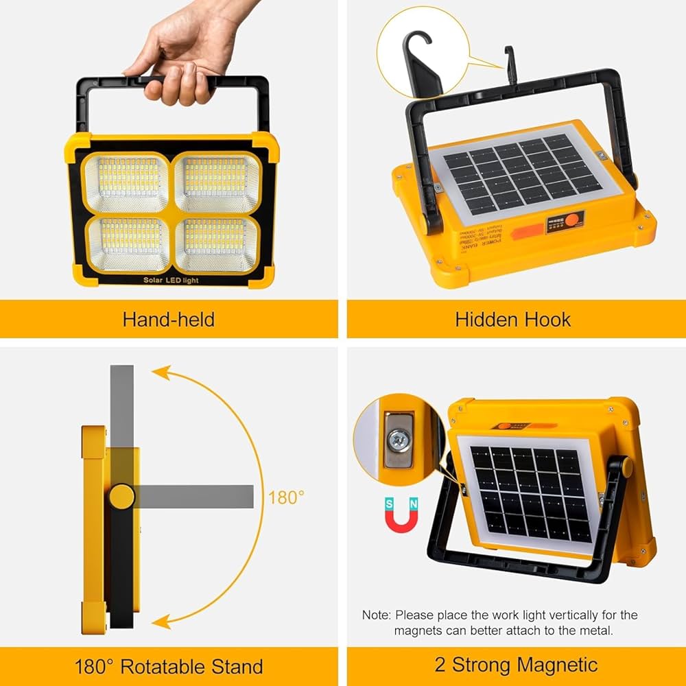 100W LED Solar Rechargeable Work Light | 10000 Lumens Portable Flood Light | 12000mAh Battery