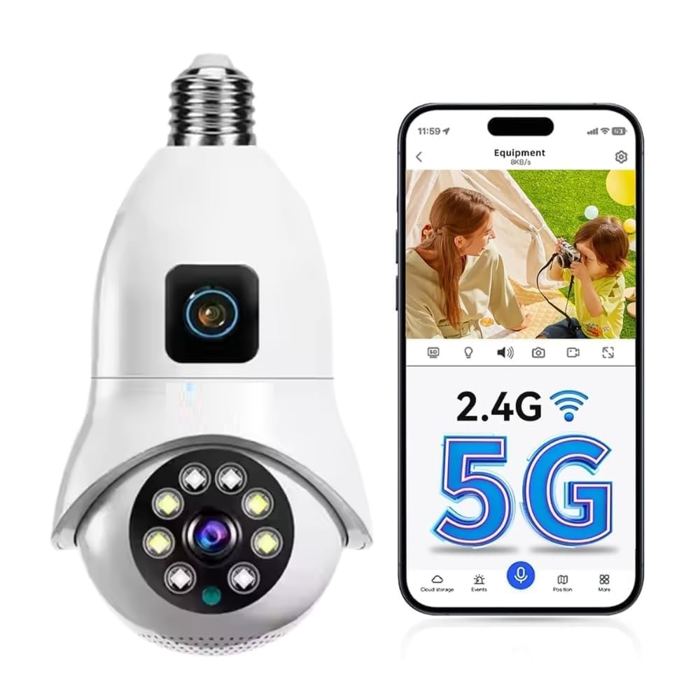 Smart WiFi Dual Lens Light Bulb Security Camera | 2.4G/5G WiFi | Night Vision | Mobile App Remote Monitoring