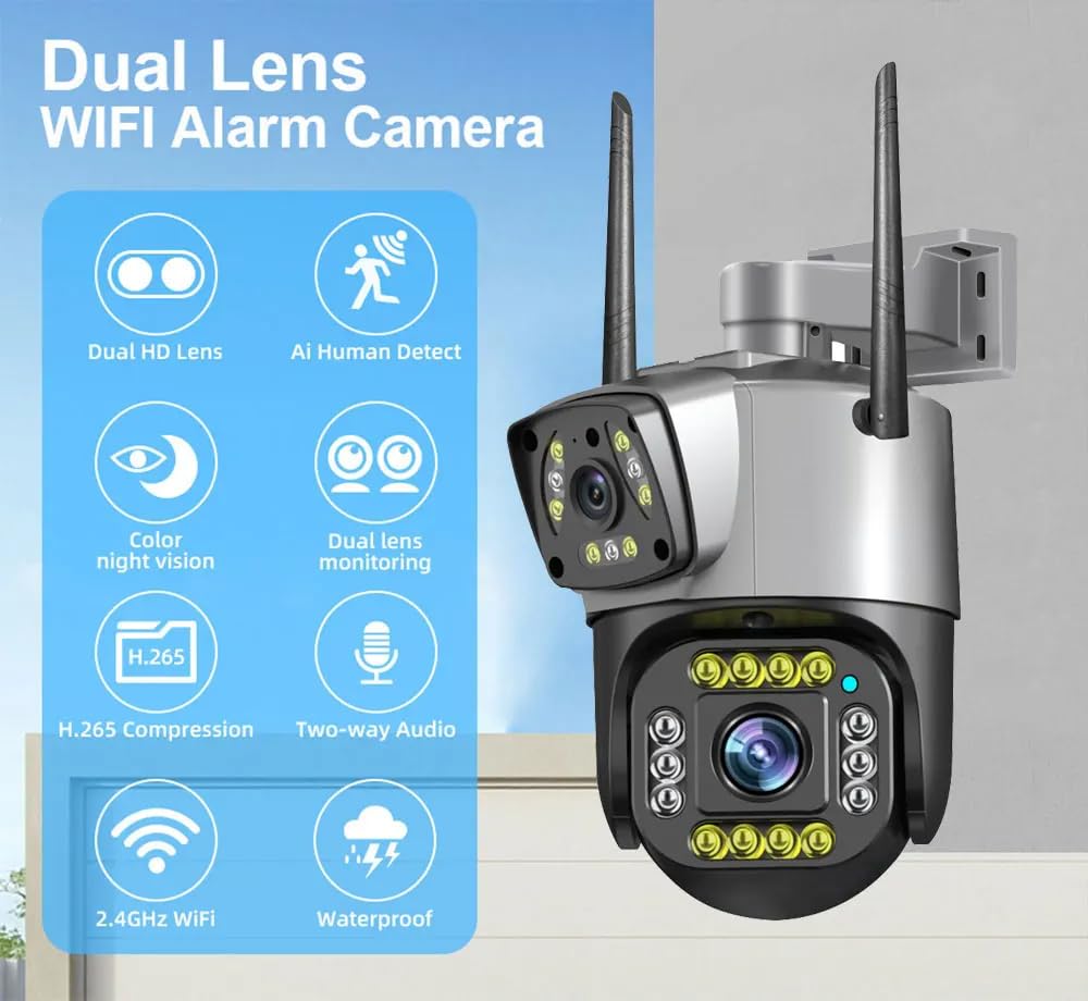 WiFi Dual Lens Outdoor PTZ CCTV Camera | 360° Rotation | Color Night Vision | Two-Way Audio |