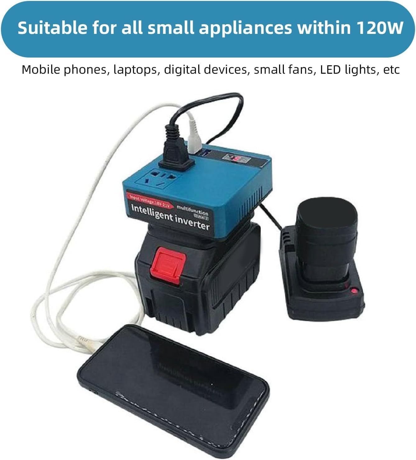 120W Lithium Battery Inverter | 21V to 220V AC Power Converter | Digital Voltage Display | Battery Included