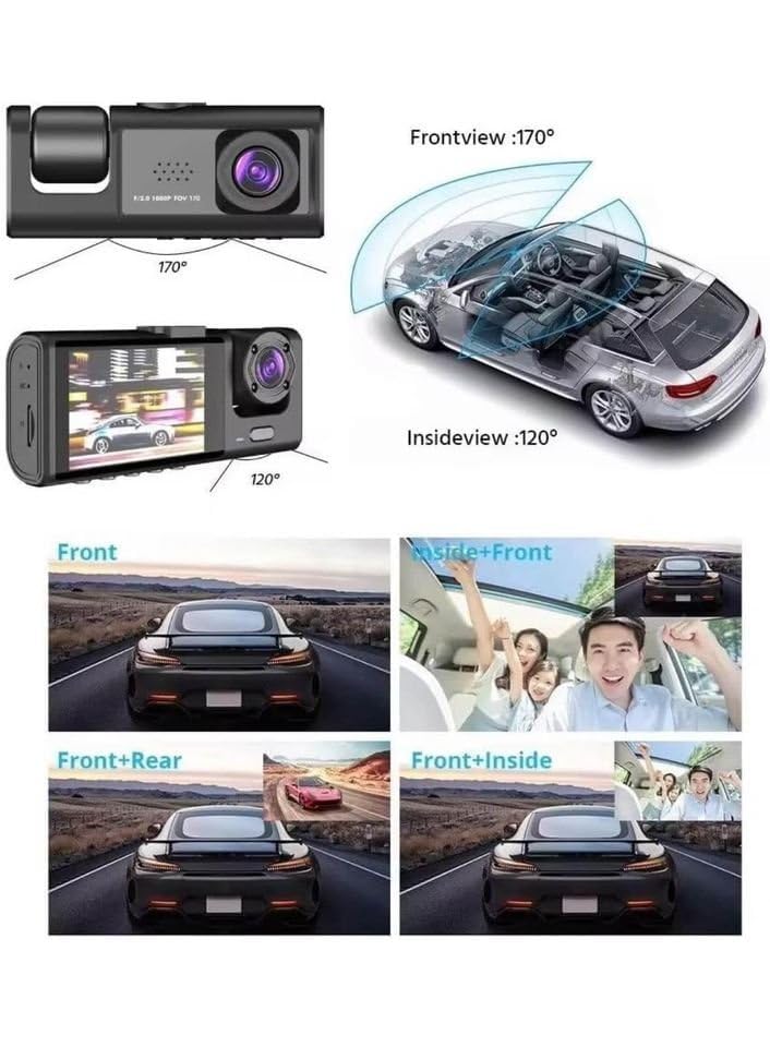 3 Channel Dash Cam with WiFi | Front 1080P + Inside & Rear 720P Cameras | G-Sensor | Loop Recording