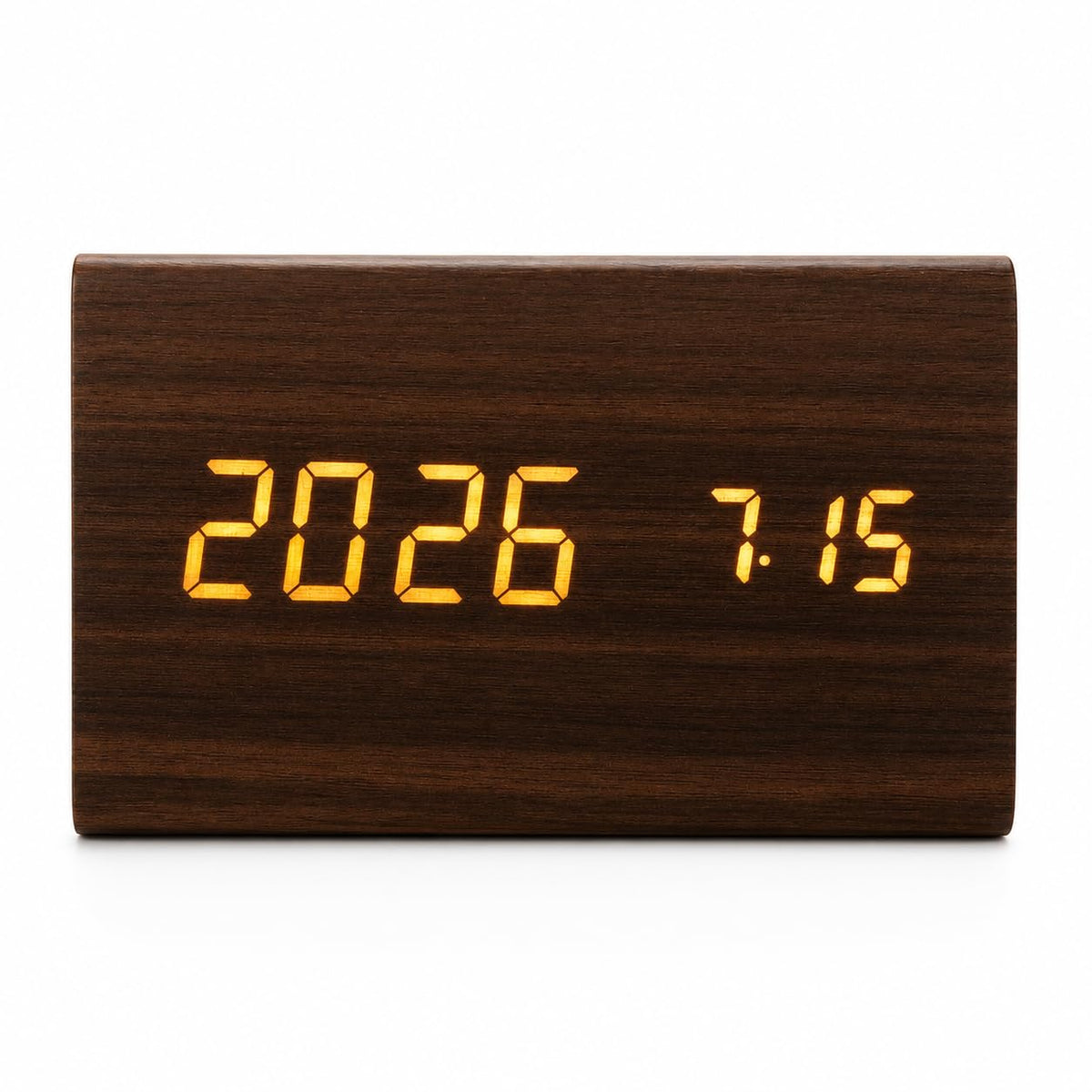 Triangle Digital Alarm Clock | Wooden LED Display | 3 Alarm Settings | Date & Temperature Display | Bedside Desk Clock
