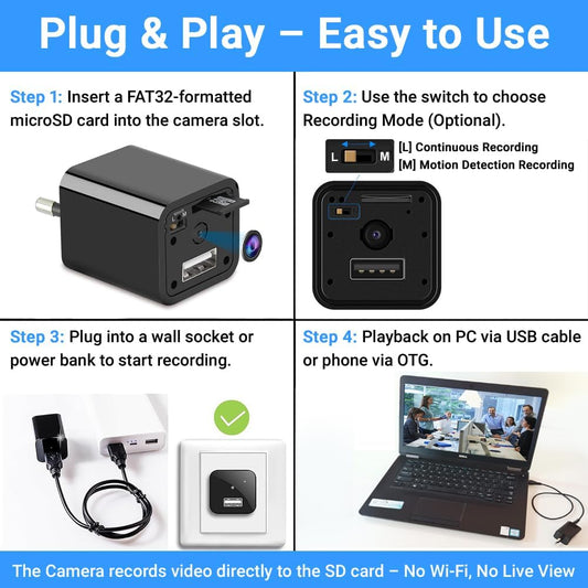 1080P USB Charger Mini Camera | Motion Detection | Loop Recording | No WiFi Required | Supports Up to 256GB Memory Card