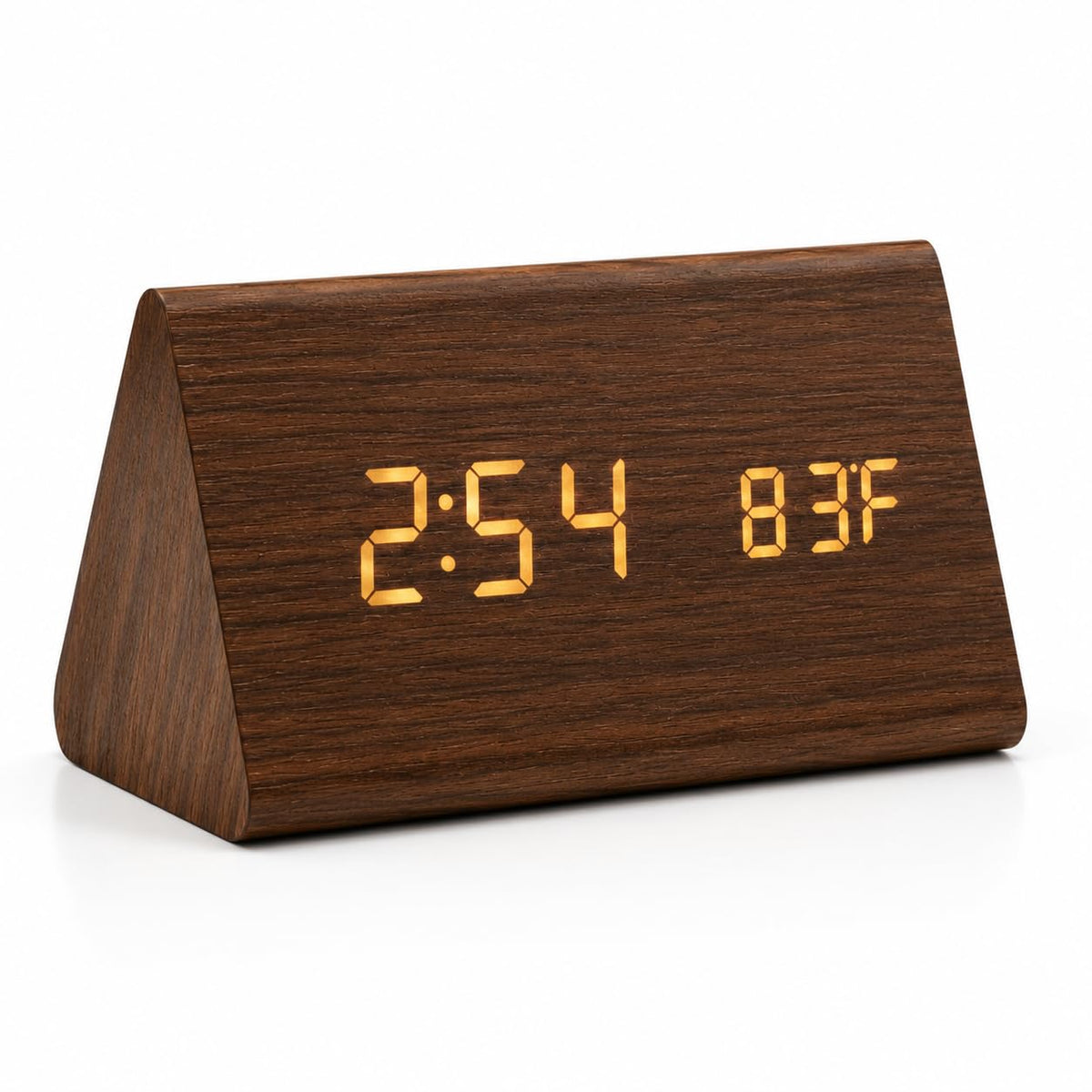 Triangle Digital Alarm Clock | Wooden LED Display | 3 Alarm Settings | Date & Temperature Display | Bedside Desk Clock