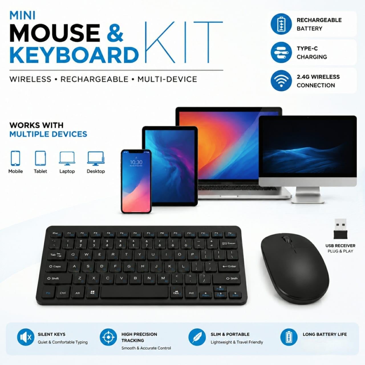 Wireless Bluetooth Keyboard & Mouse Combo | Rechargeable Slim Multi-Device Keyboard | Bluetooth
