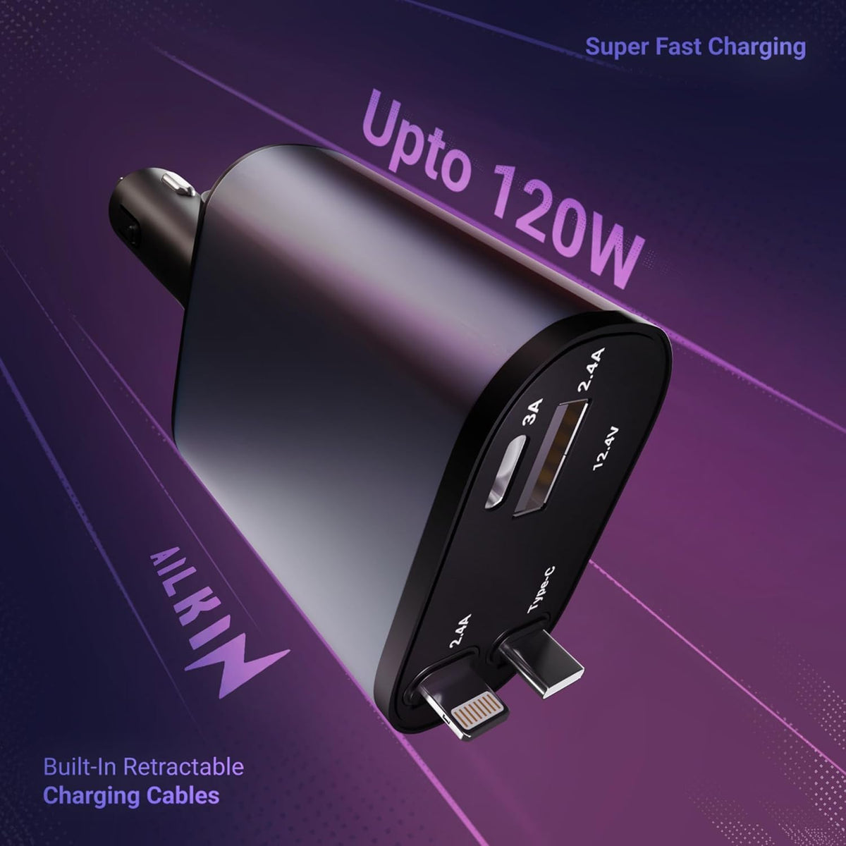 120W 4-in-1 Retractable Car Charger | Fast Car Phone Charger | 2 USB Ports | Multi-Device Compatible