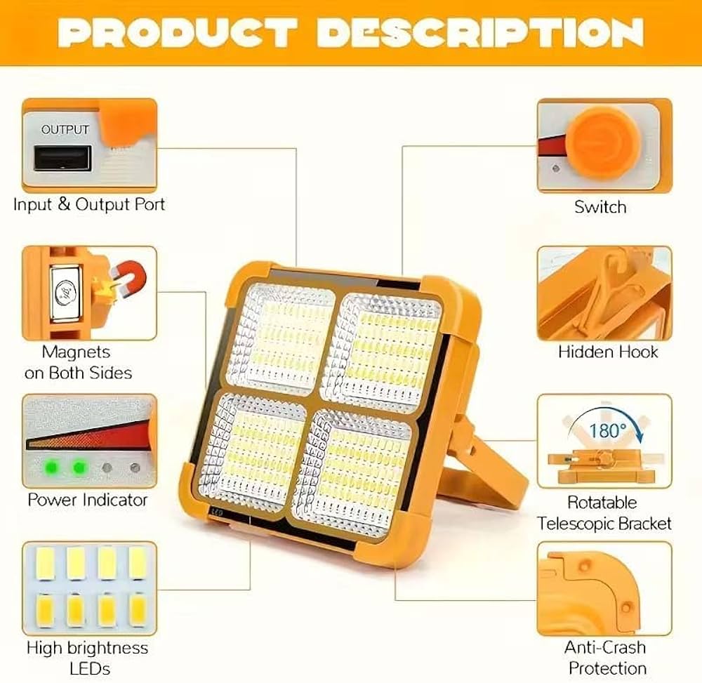 100W LED Solar Rechargeable Work Light | 10000 Lumens Portable Flood Light | 12000mAh Battery