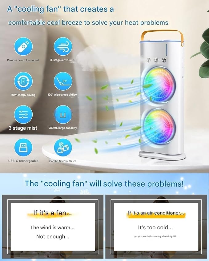 Portable Mini Air Cooler Fan with 7 Color LED Light