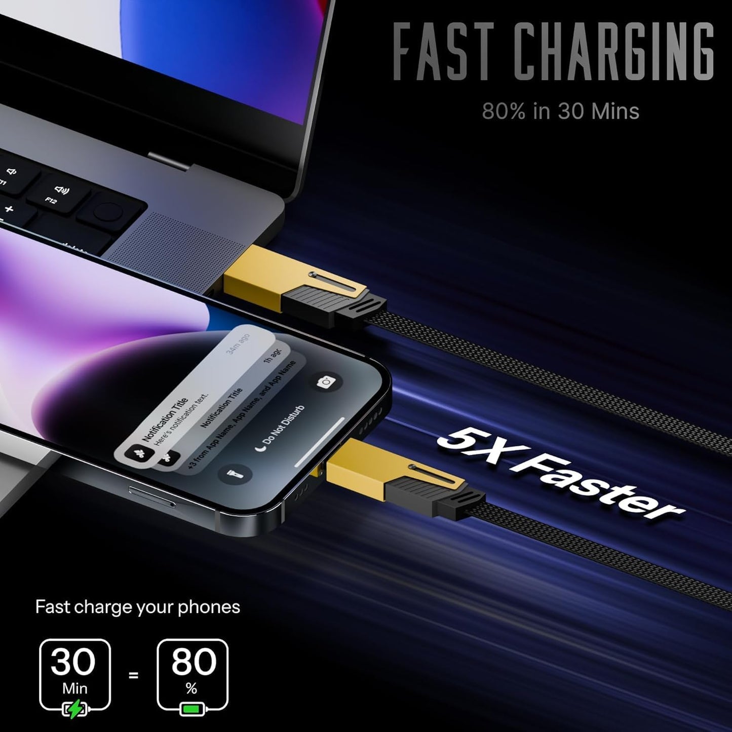 65W 4-in-1 Fast Charging Cable | Nylon Braided Multi Charging Cable | USB, Type-C & Lightning | Yellow