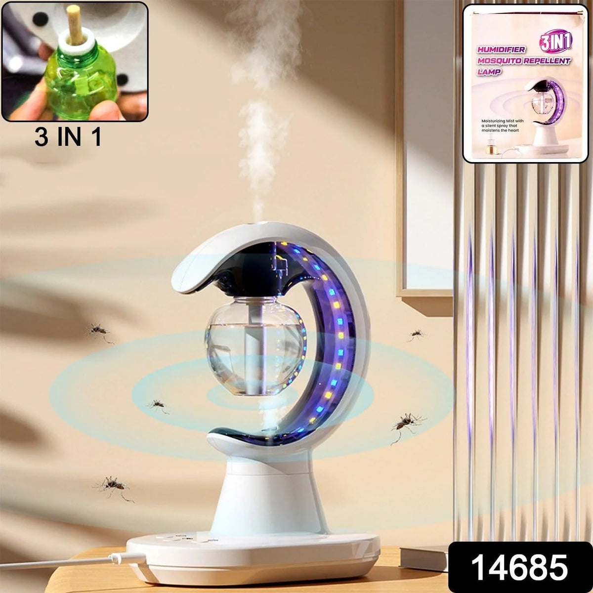 3-in-1 LED Lamp with Humidifier & Mosquito Repellent | USB Powered Night Light | Portable Mist Lamp