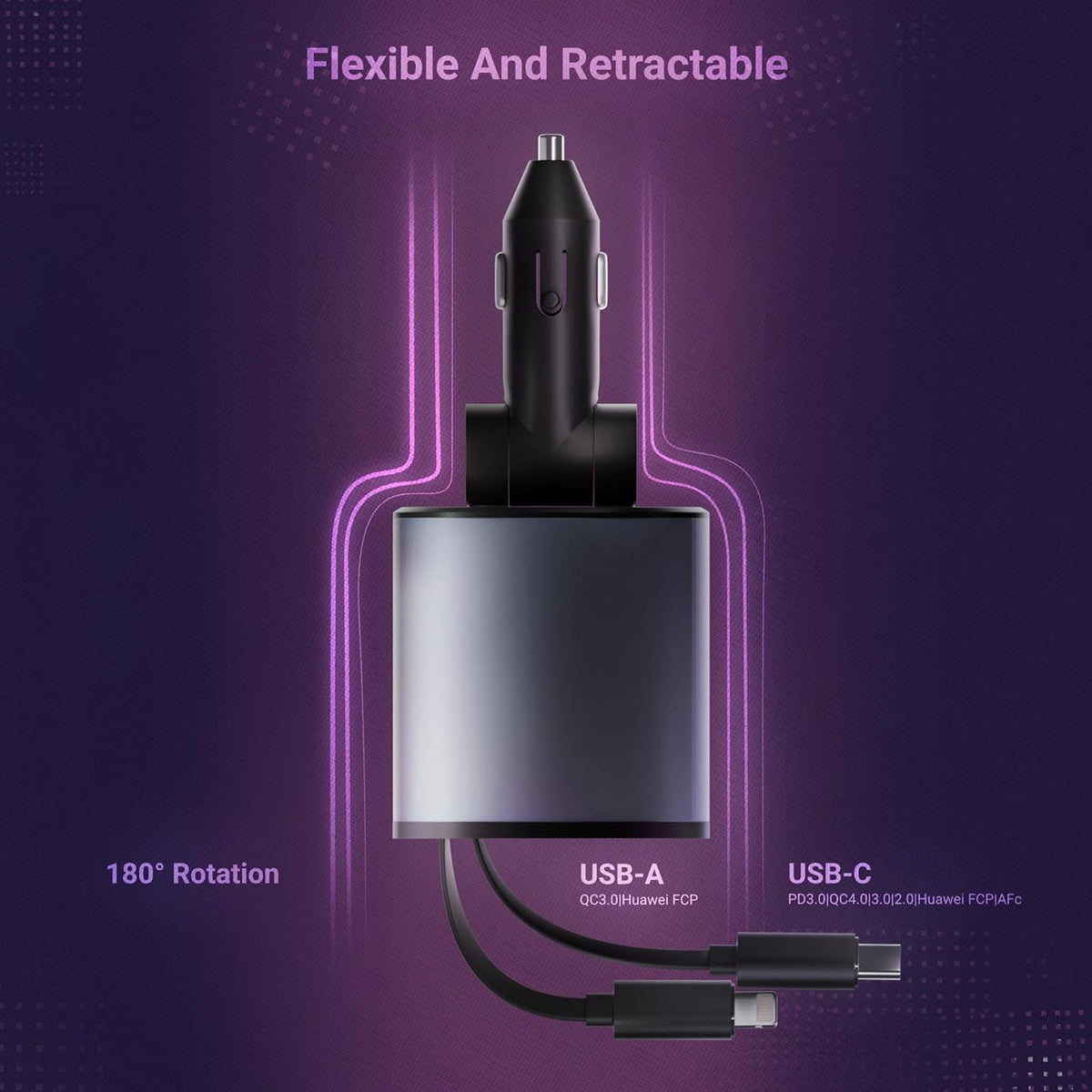 120W 4-in-1 Retractable Car Charger | Fast Car Phone Charger | 2 USB Ports | Multi-Device Compatible