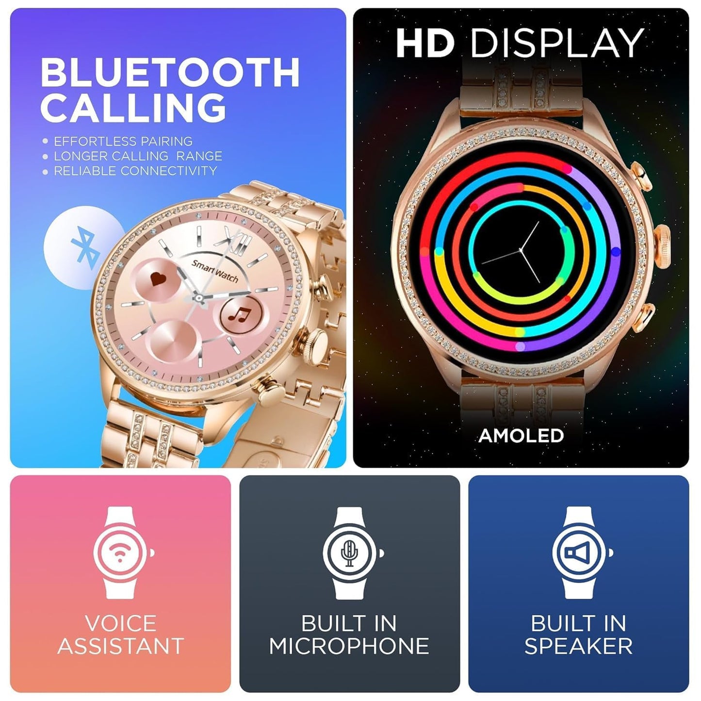 Gen 9 Smartwatch for Women | HD Display | Bluetooth Calling | Gold Metal Strap | Rose Gold Smart Watch