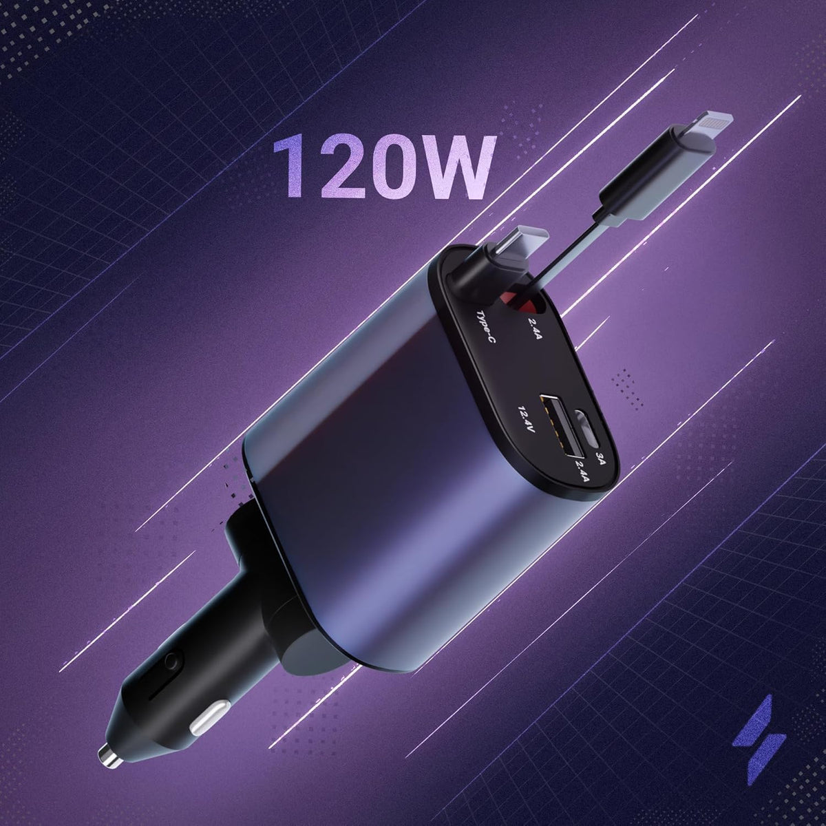 120W 4-in-1 Retractable Car Charger | Fast Car Phone Charger | 2 USB Ports | Multi-Device Compatible