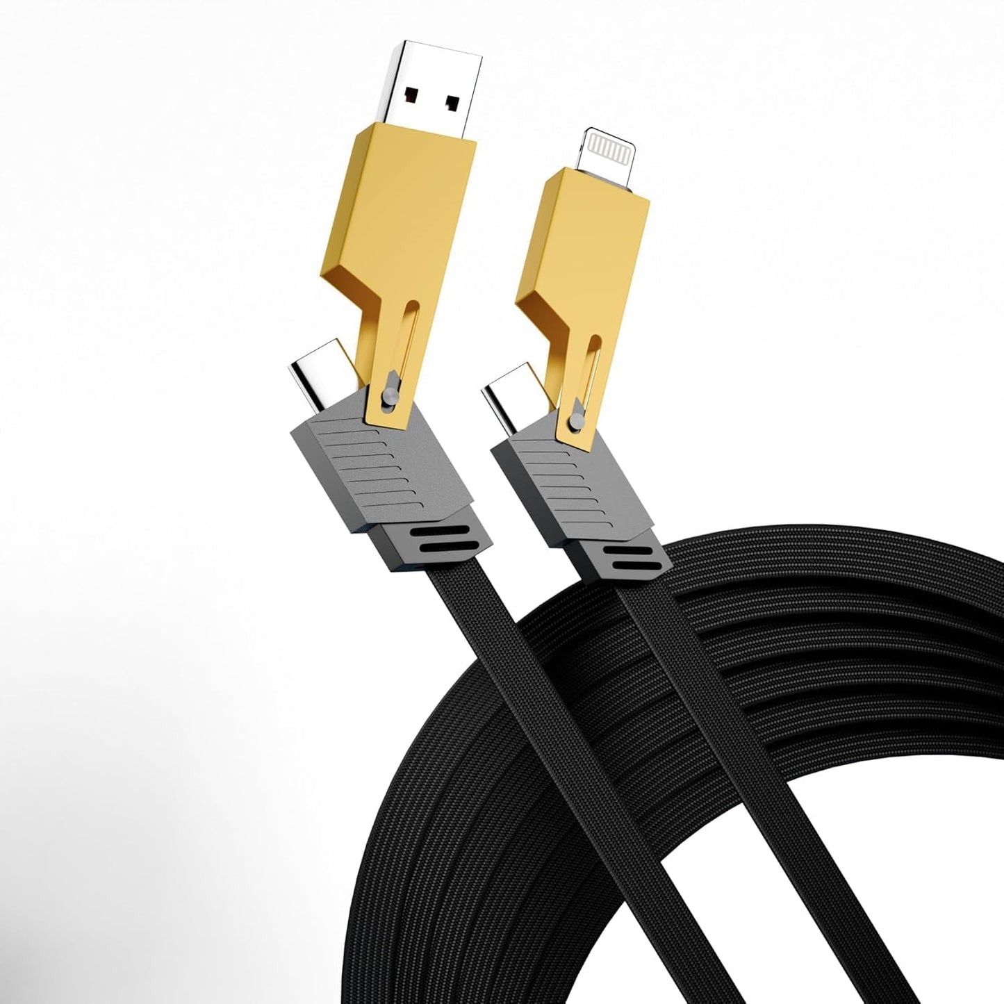 65W 4-in-1 Fast Charging Cable | Nylon Braided Multi Charging Cable | USB, Type-C & Lightning | Yellow