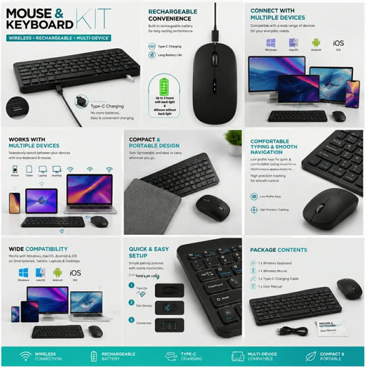 Wireless Bluetooth Keyboard & Mouse Combo | Rechargeable Slim Multi-Device Keyboard | Bluetooth