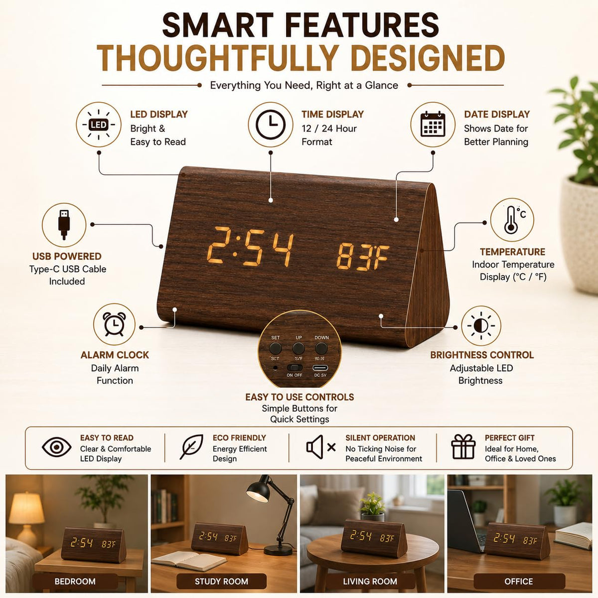 Triangle Digital Alarm Clock | Wooden LED Display | 3 Alarm Settings | Date & Temperature Display | Bedside Desk Clock