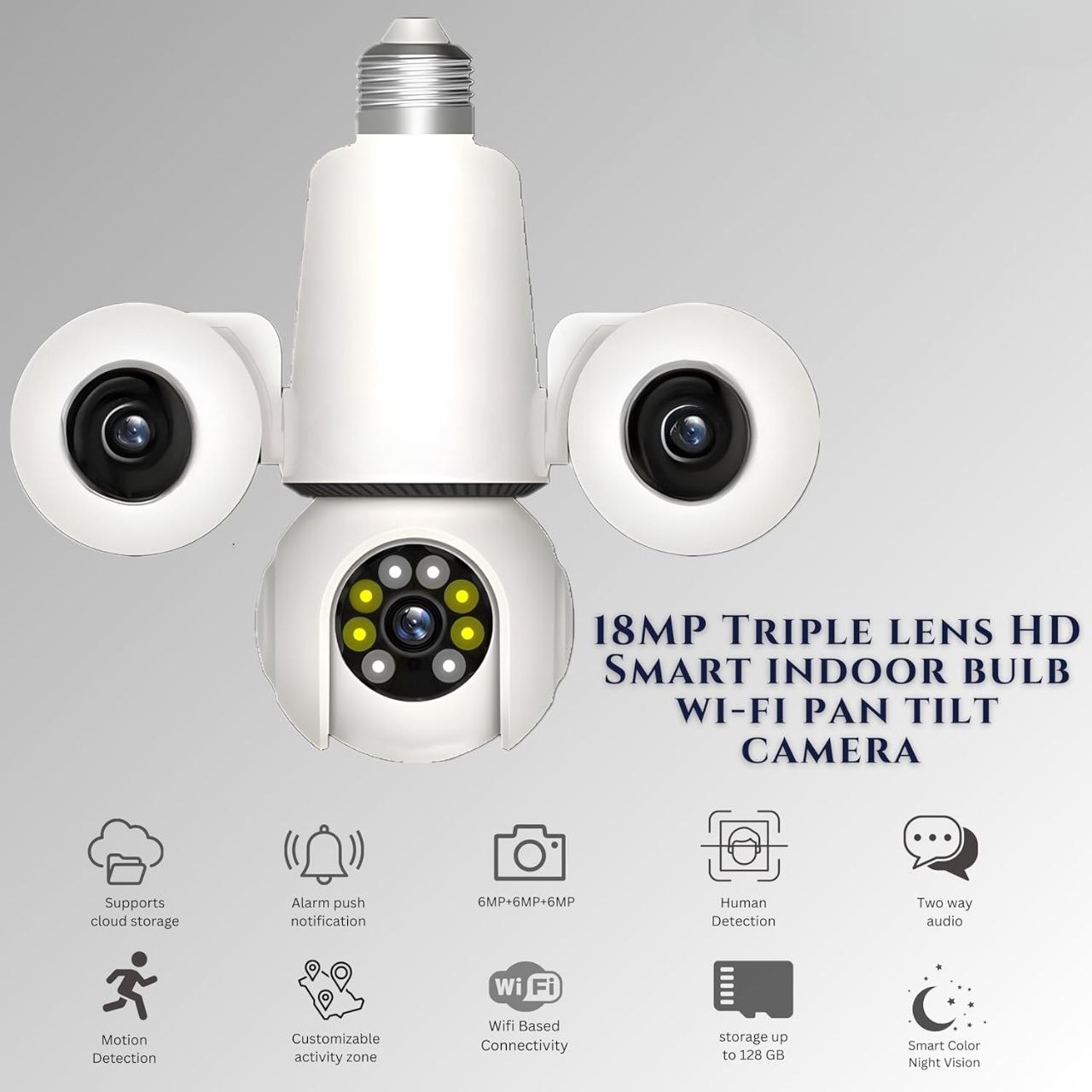 FHD Triple Lens WiFi Bulb Holder CCTV Camera | PTZ | 3 Screen View