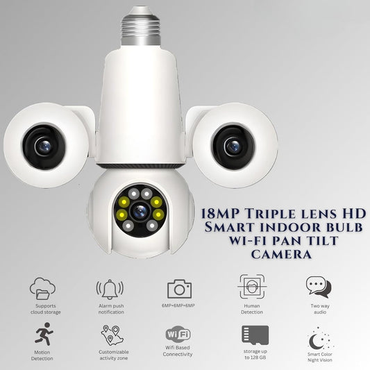 FHD Triple Lens WiFi Bulb Holder CCTV Camera | PTZ | 3 Screen View