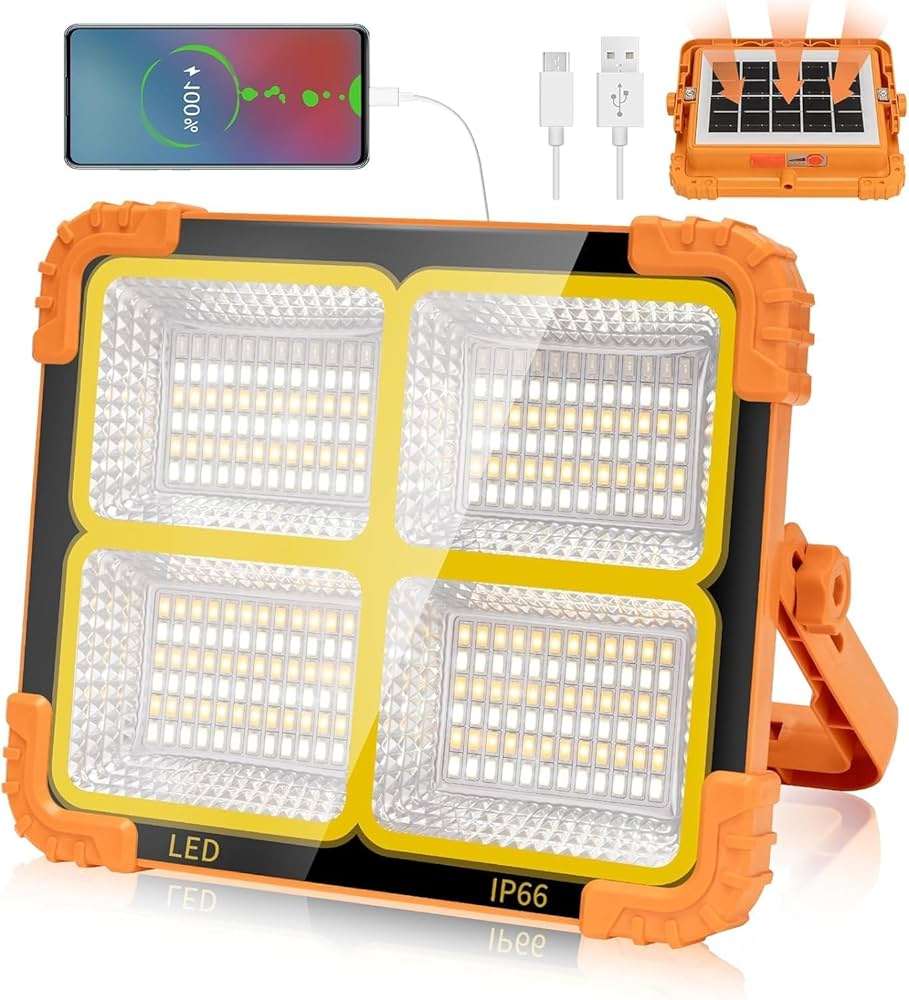 100W LED Solar Rechargeable Work Light | 10000 Lumens Portable Flood Light | 12000mAh Battery