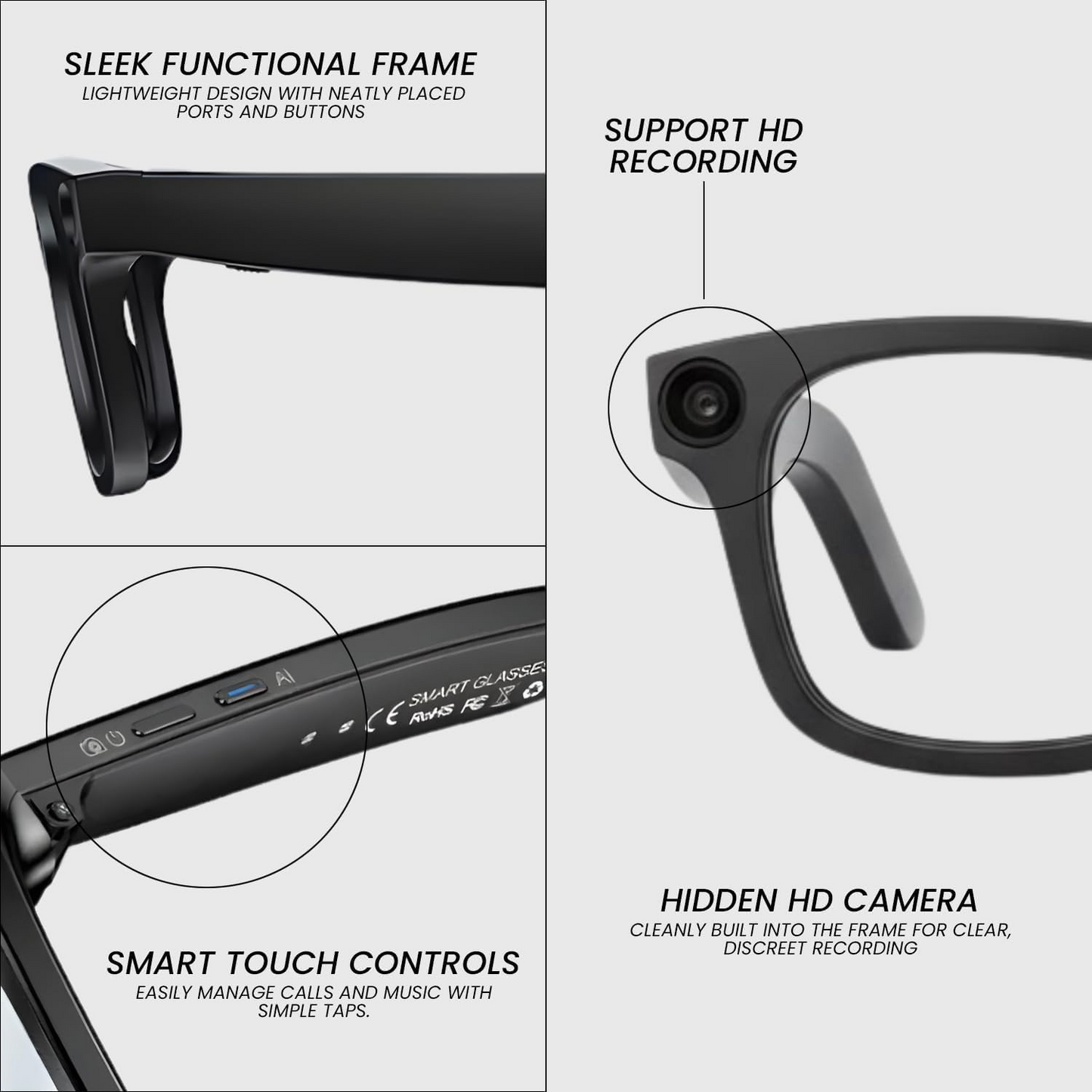 AI Smart Glasses with 8MP HD Camera, AI Voice Assistant & Bluetooth 5.3
