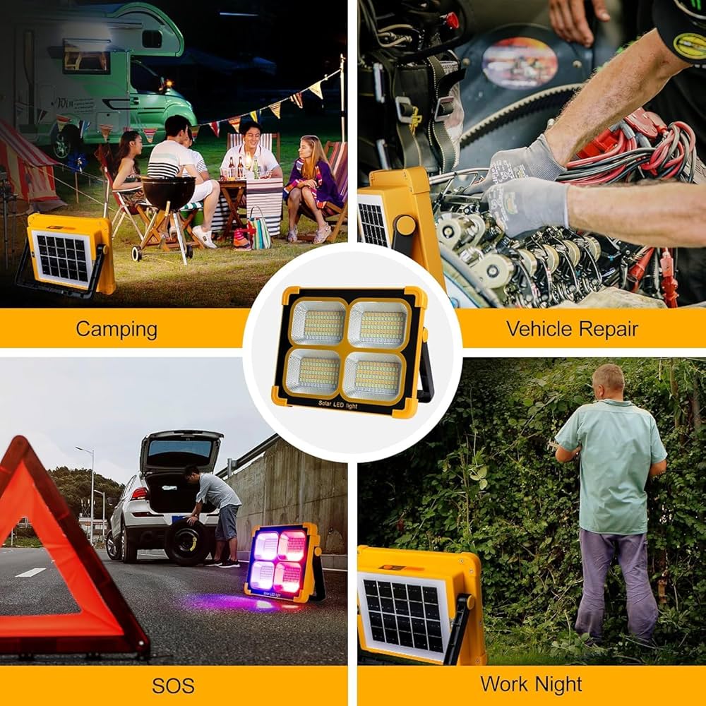 100W LED Solar Rechargeable Work Light | 10000 Lumens Portable Flood Light | 12000mAh Battery