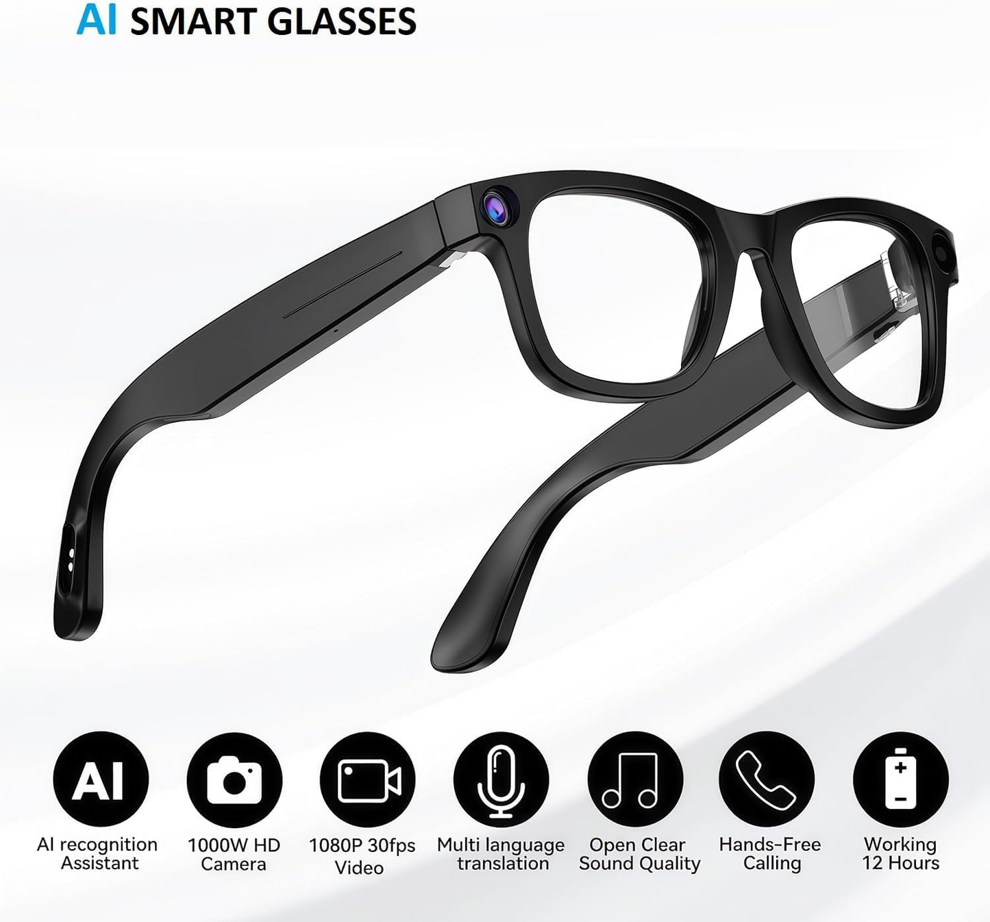 AI Smart Glasses with 8MP HD Camera, AI Voice Assistant & Bluetooth 5.3