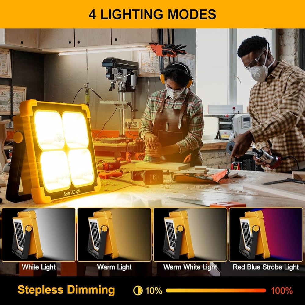100W LED Solar Rechargeable Work Light | 10000 Lumens Portable Flood Light | 12000mAh Battery