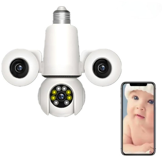 FHD Triple Lens WiFi Bulb Holder CCTV Camera | PTZ | 3 Screen View